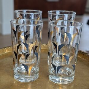 Federal Glass MCM Black + Gold Atomic Arrow/Diamond Barware Tumblers Set Of 4